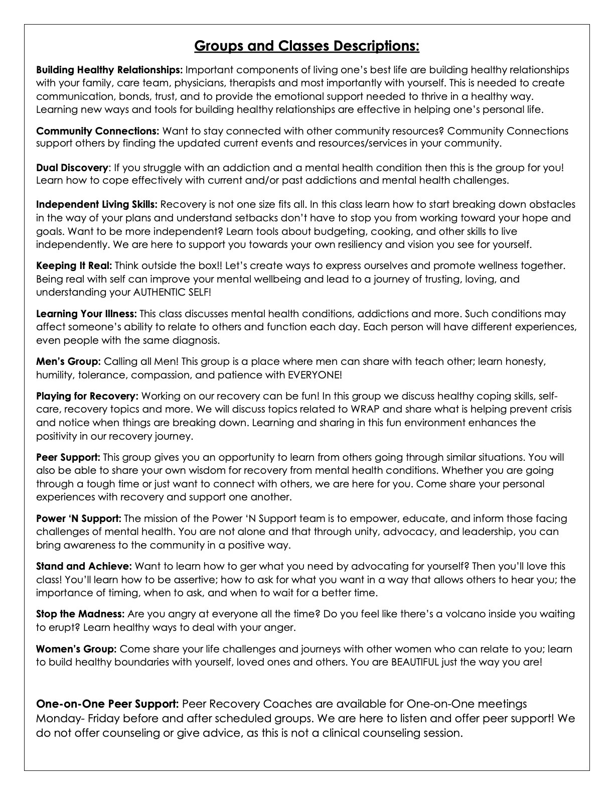 Stockton Wellness Center Activity Descriptions