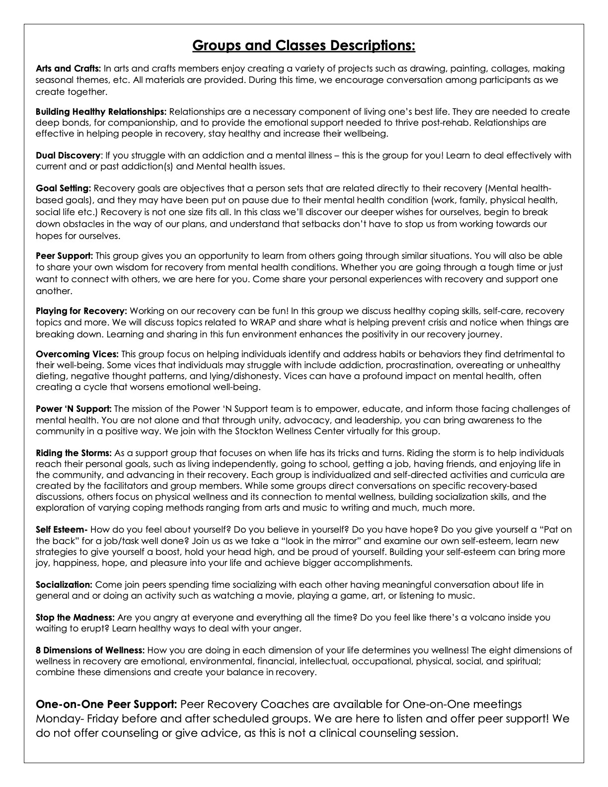 Manteca Wellness Center Activity Descriptions