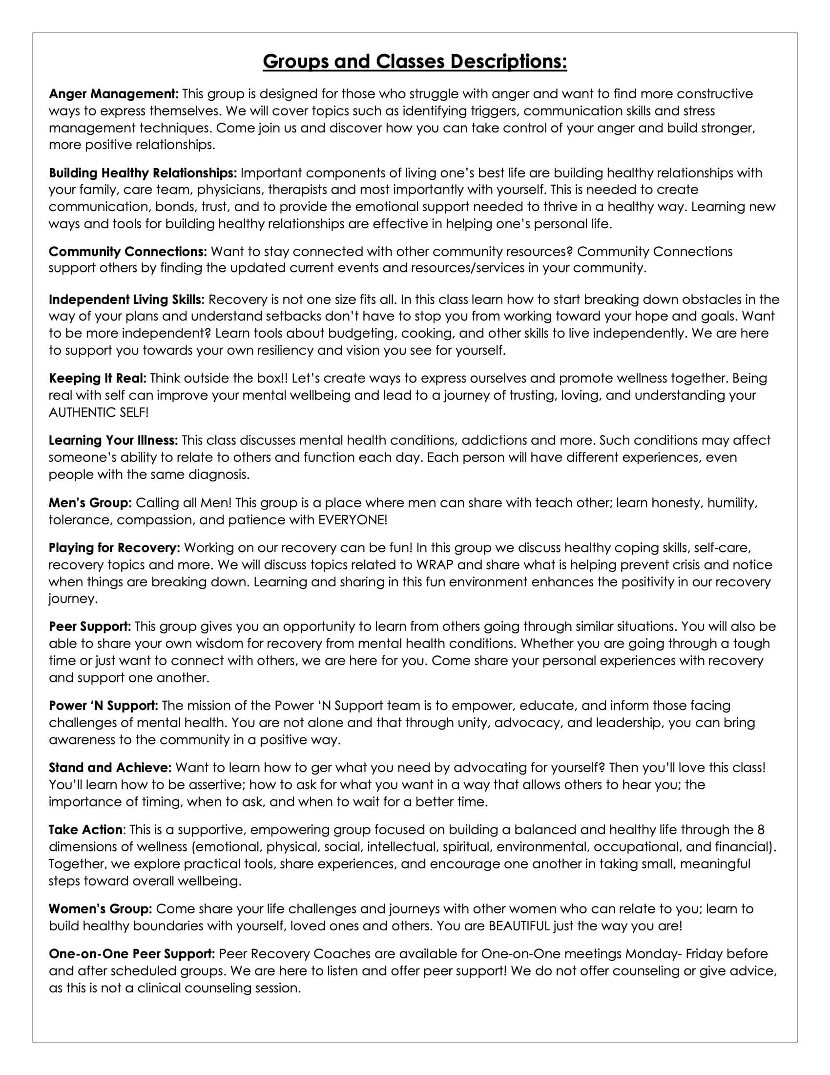 Stockton Wellness Center Activity Descriptions